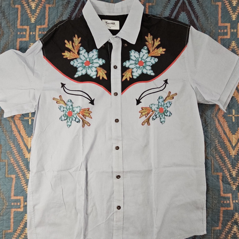 Men's Boozelele Floral Embroidered Casual Shirt‎ - Light Blue and Black